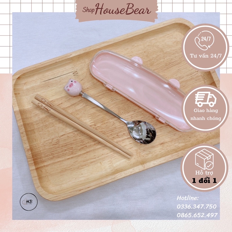 Bộ muỗng đũa sứ hình chú heo dễ thương có kèm hộp nhựa cứng cùng màu