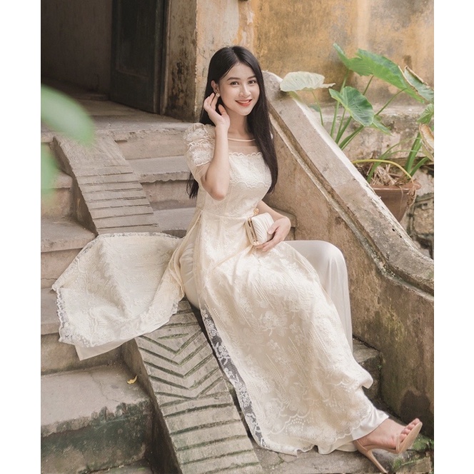 Áo dài cách tân nữ thiết kế ren nơ cài xinh xắn