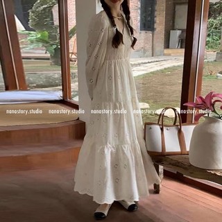 NANASTORY•Đầm Xoè Maxi Ren Thô Bông Hoa Phong Cách Hàn Quốc