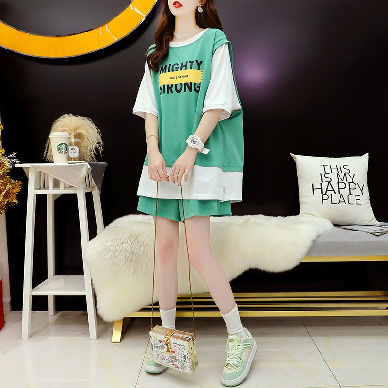 Set Áo Thun Ngắn Tay Giả Hai Lớp + Quần short Dáng Rộng Thời Trang 2023 Cho Nữ