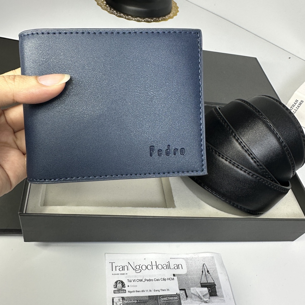 Set ví nịt nam PEDR0 full box, túi giấy tuồn kho mã ví xanh đen