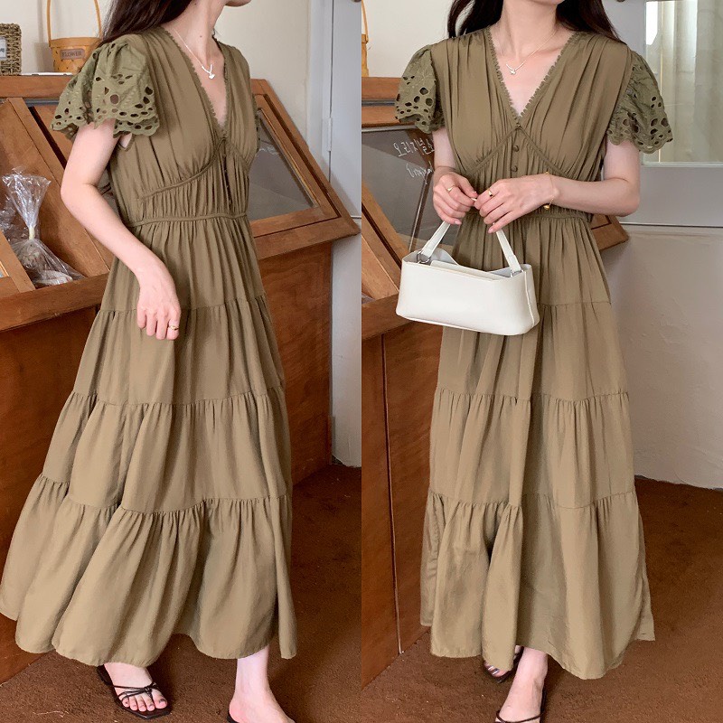 Váy dài midi cổ V, tay phối ren tinh tế che khuyết điểm vai to, Đầm đẹp hack eo freesize dưới 60kg