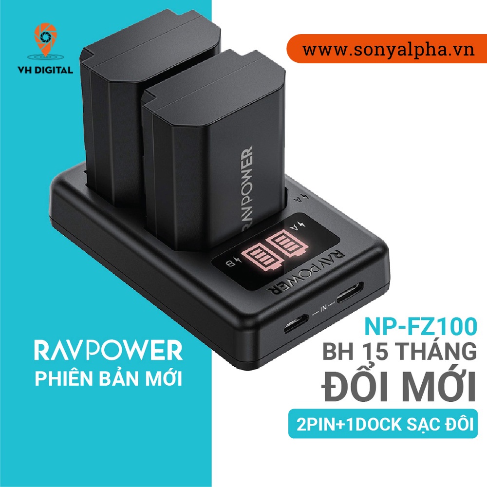 Bộ Pin sạc Sony NP-FZ100 - FZ100 - Ravpower cho máy ảnh Sony A7M3, A7M4, A7R3, A7R4, A9, A6600 ...