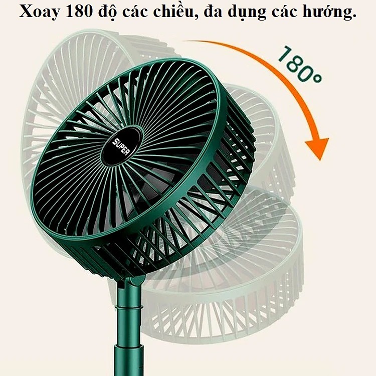 Quạt Tích Điện Mini Để Bàn Gấp Gọn Super Có Thể Điều Chỉnh Độ Cao 3 Tốc Độ Gió Cổng Sạc USB, Quạt Để Bàn, Đầu Giường
