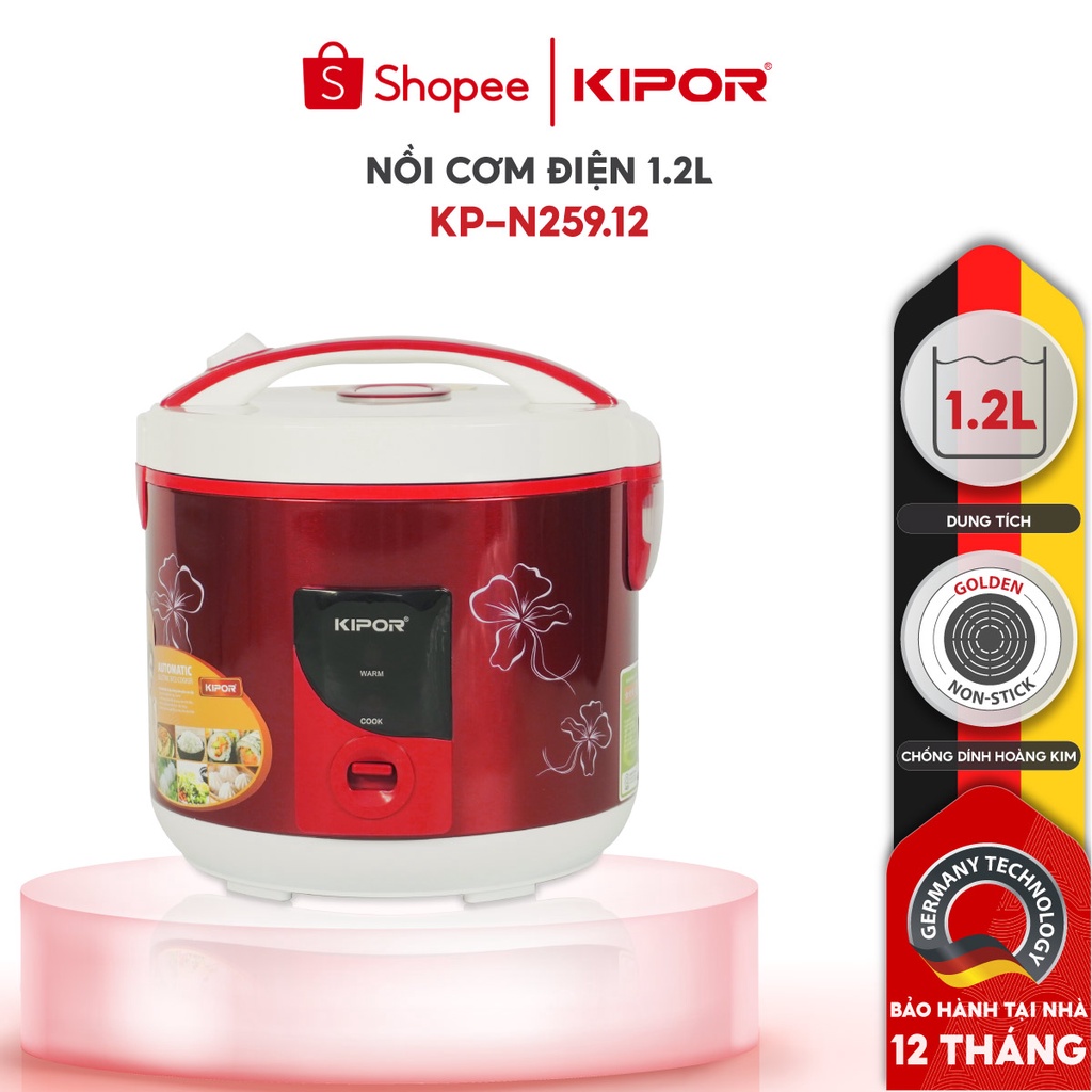 Nồi cơm điện KIPOR KP-N25912 - 1.2L - Phủ chống dính HOÀNG KIM, Nồi cơm có tặng kèm vỉ hấp - Bảo hành tại nhà 12 tháng