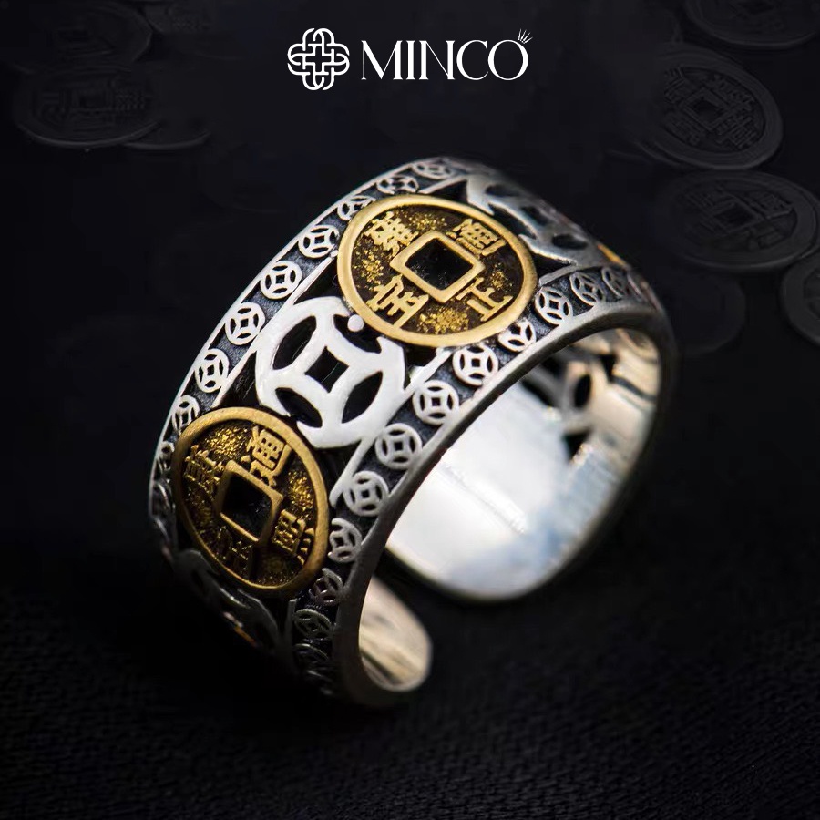 Nhẫn nam kim tiền Minco Accessories nhẫn hình đồng xu màu vàng Bạc titan không gỉ NT163