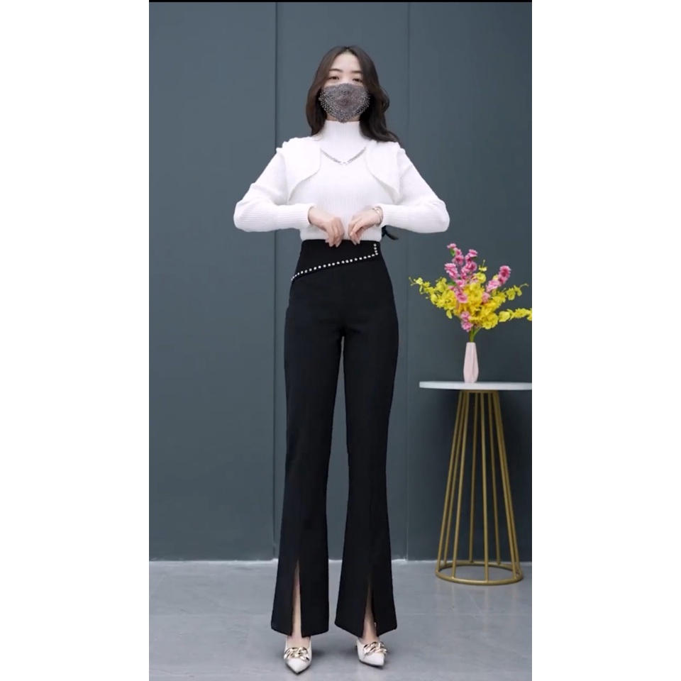 Quần ống loe TK FASHION nữ lưng cạp cao - quần tây công sở nữ vải Tuyết mưa dày dặn thiết kế xẻ tà dáng dài M221