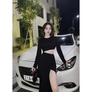 ĐẦM BODY CỔ TRÒN TAY DÀI HỞ EO XẺ TÀ CHẤT LỤA CAO CẤP