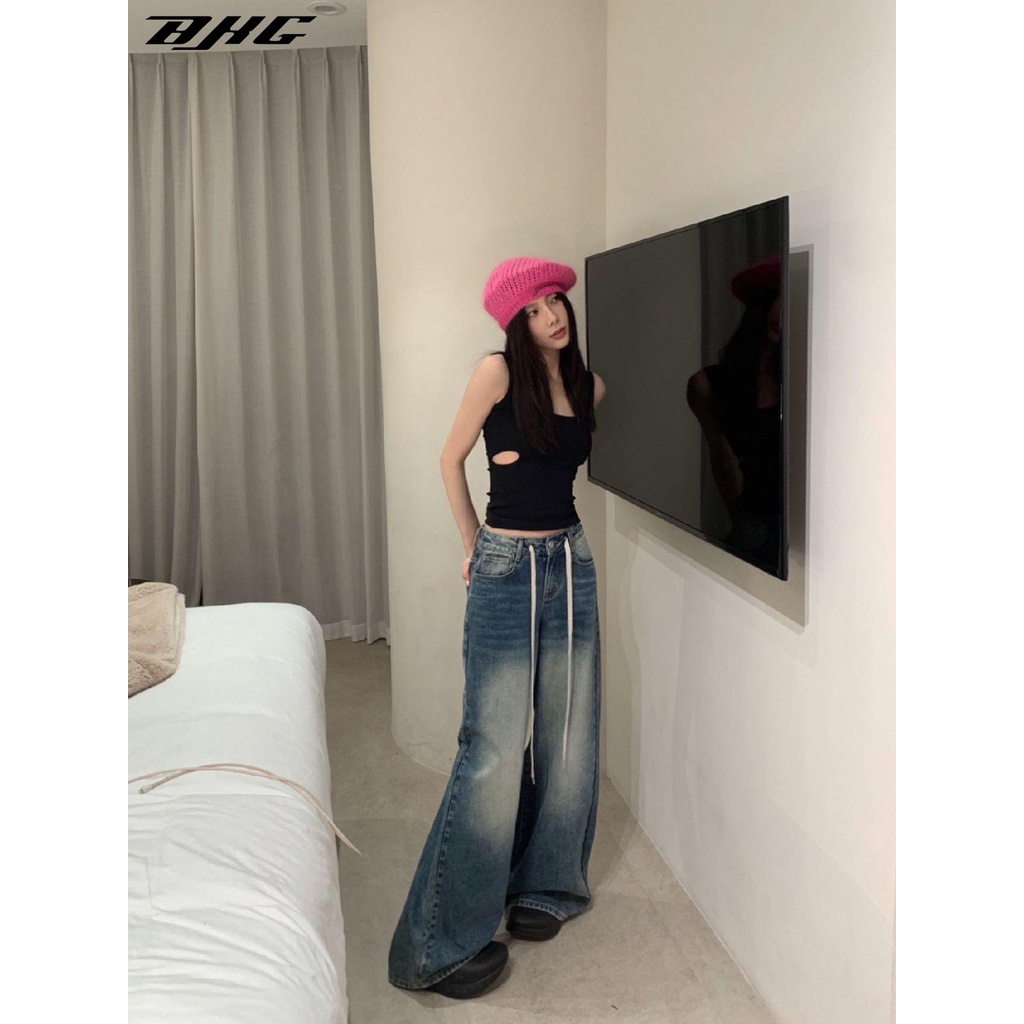 Quần jean BJHG WAVW dài lưng cao ống rộng phối dây rút thời trang retro cá tính cho nữ