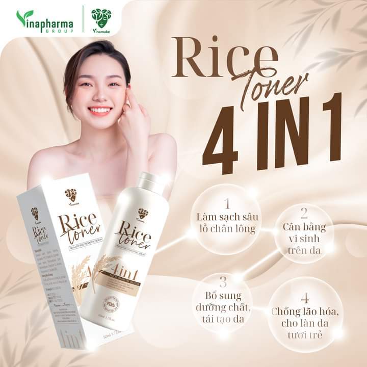 Nước thần tái tạo da Rice Toner 4 in1 Vinamake cung cấp duy trì độ ẩm, dưỡng sáng làm đều màu da, cải thiện kết cấu da