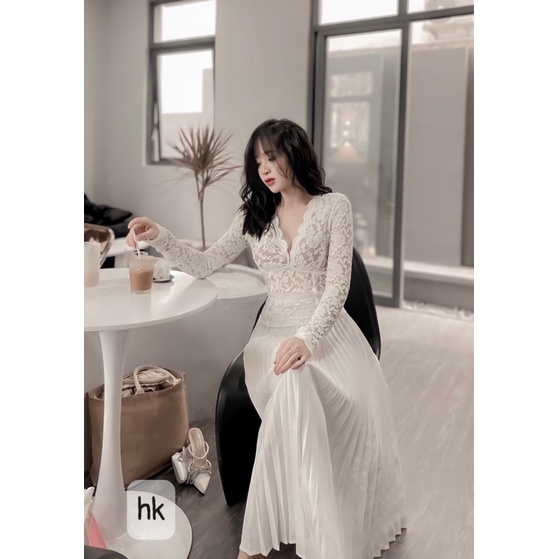 Set áo ren dài tay kèm chân váy xếp ly xoè chuẩn hàng loại 1 có tách set (kèm ảnh thật)
