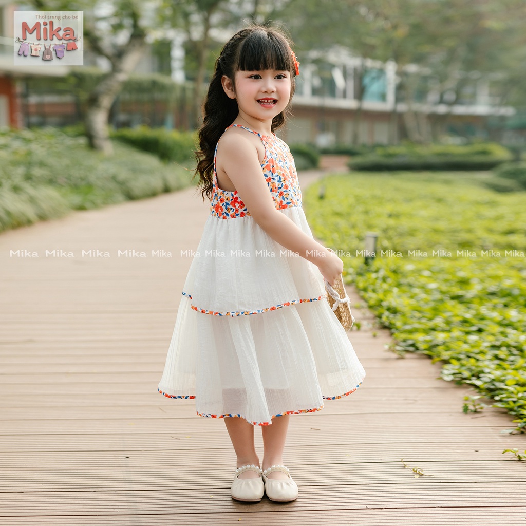 Đầm bé gái MIKA cổ yếm dáng xòe 2 tầng cho bé mặc đi biển . Đầm công chúa bé gái màu trắng kem mặc đi tiệc