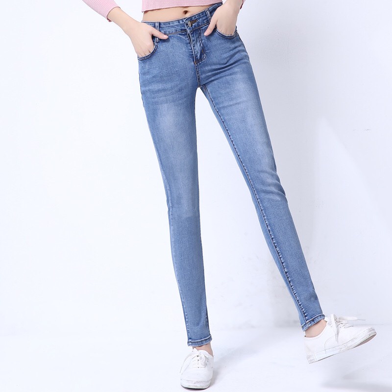 Quần Jean Nữ Lưng Cao, Quần Bò Cạp Cao DÀi Trơn Skinny Co Giãn Tốt