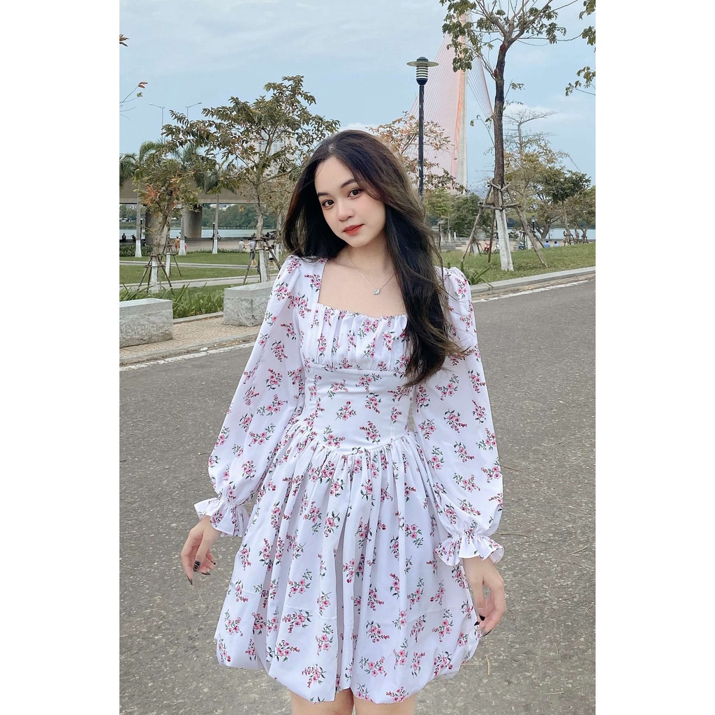 MUS BLOOM DRESS - Đầm Bí Eo Corset Tay Dài Phồng Cổ Vuông