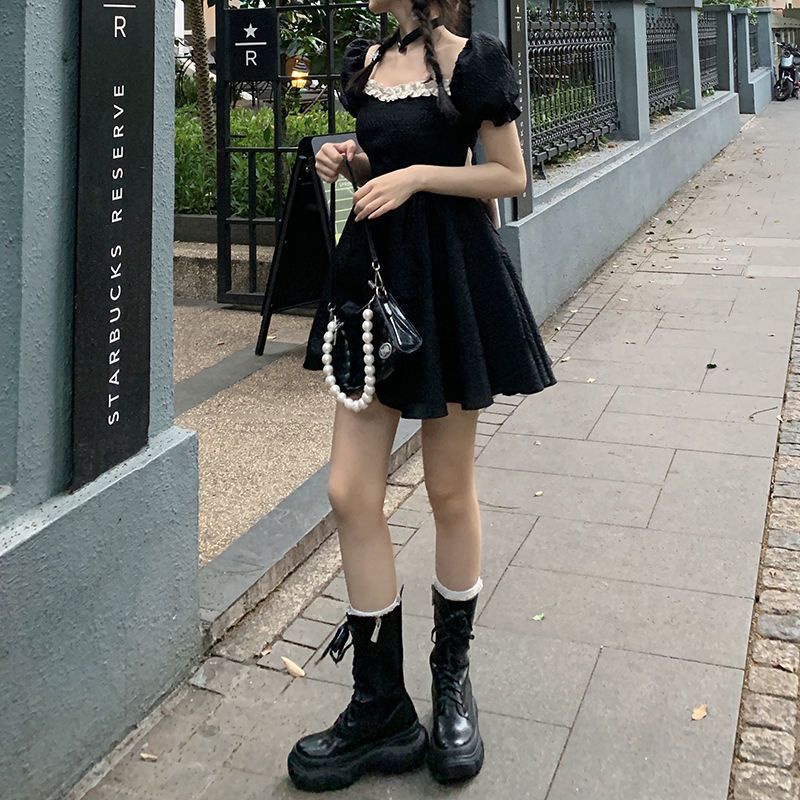 Váy babydoll đâm babydoll đâm du tiec Đầm Chữ a Tay Ngắn Phồng Thắt Nơ Nhỏ Phong Cách Pháp Ngọt Ngào Thời Trang Mùa Hè Mới Dành Cho Bạn Nữ