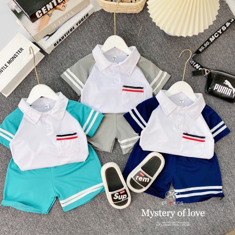 Bộ Cộc Tay Bé Trai, Bộ Polo Phối Kẻ Có Cà Vạt Xịn Sò Cho Bé Trai Từ 8 - 25kg