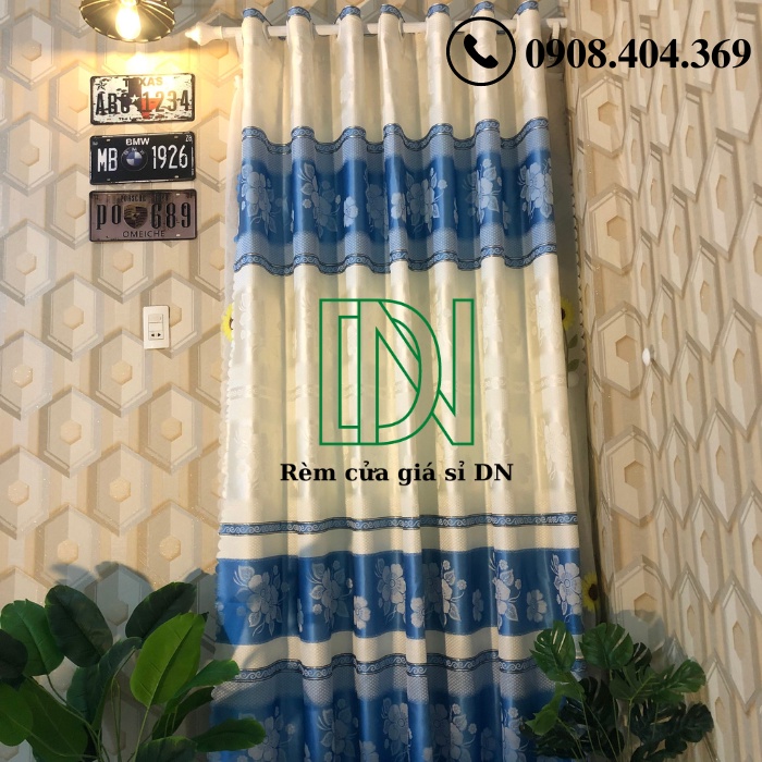 Rèm vải gấm hoa văn kẻ sọc 2 màu xanh biển và ghi xám siêu đẹp miễn phí công may.
