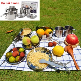Bộ nồi chảo cốc hiệu CAMEL 8 món, dã ngoại du lịch cắm trại gọn nhẹ - Bộ nồi du lịch