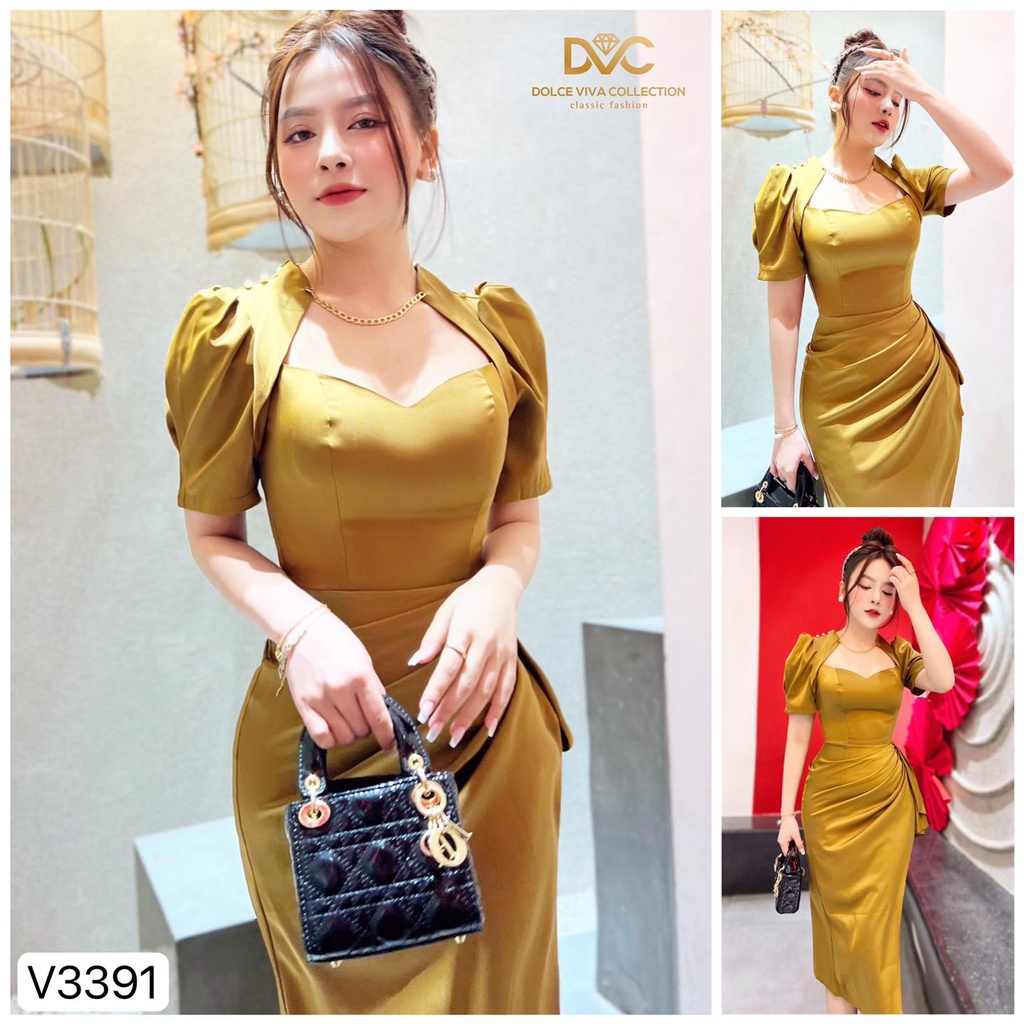 VÁY BODY NÂU RÊU VAI ĐÍNH NGỌC V3391-DVC