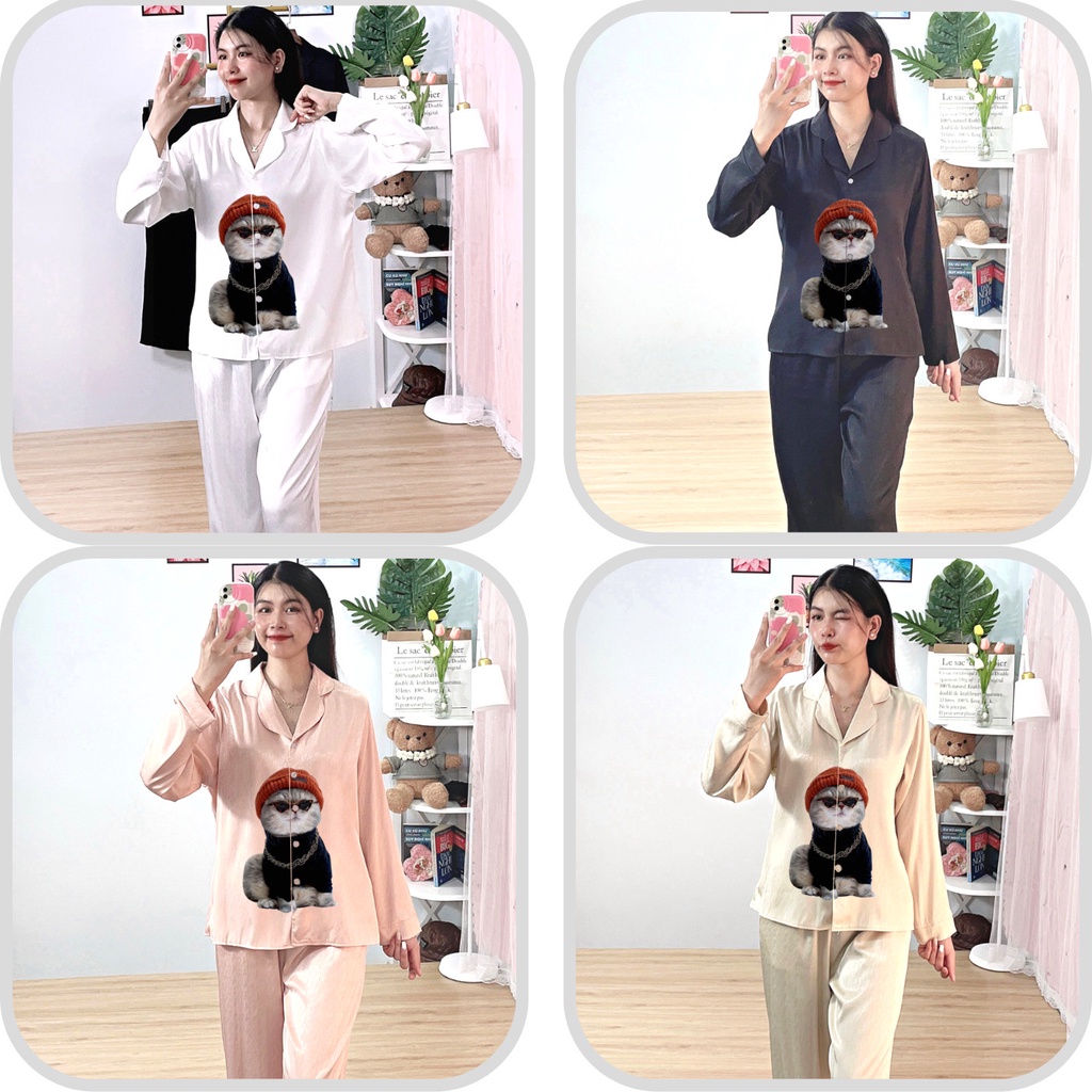 Bộ pijama in hình tơ tằm ÁNH KIM T8 mặc nhà mặc ngủ tay dài quần dài