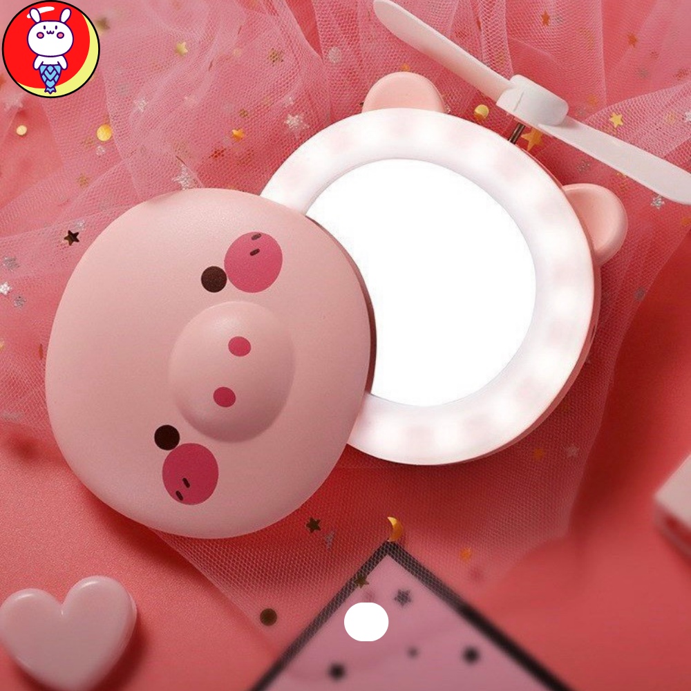 Quạt Gương Heo Hồng Mini 3in1 Đèn Led Trang Điểm Selfie Đầu Sạc Bằng USB