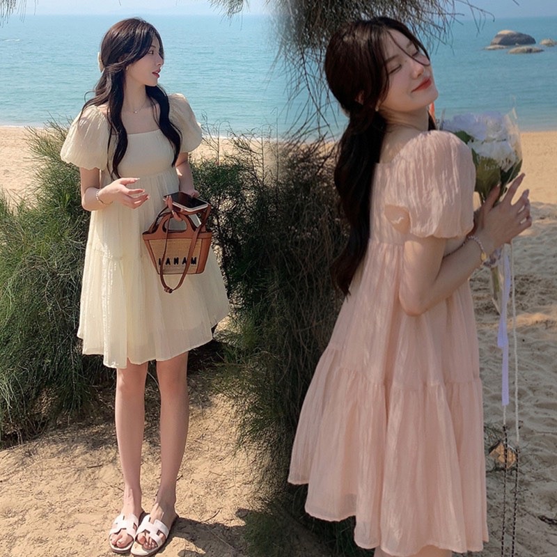 Đầm cổ chữ U dáng babydoll 2 tầng siêu xinh hàng 2 lớp cận chất - hàng có sẵn