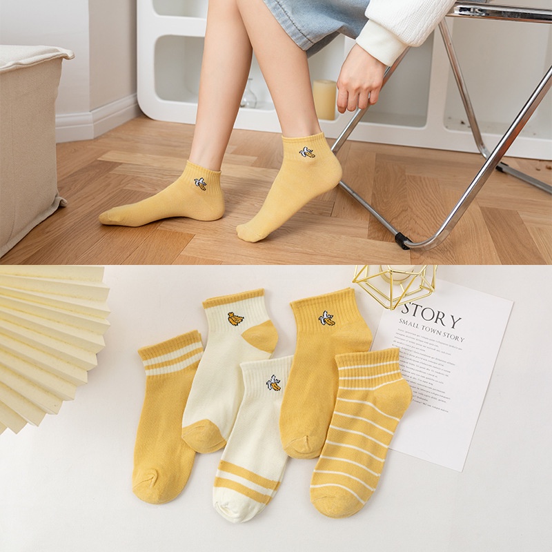 Tất Nữ cổ ngắn họa tiết chim nải chuối vàng trơn sọc caro Vớ Nữ cổ thấp dễ thương êm đẹp thời trang Mr.Cotton CN-NU010