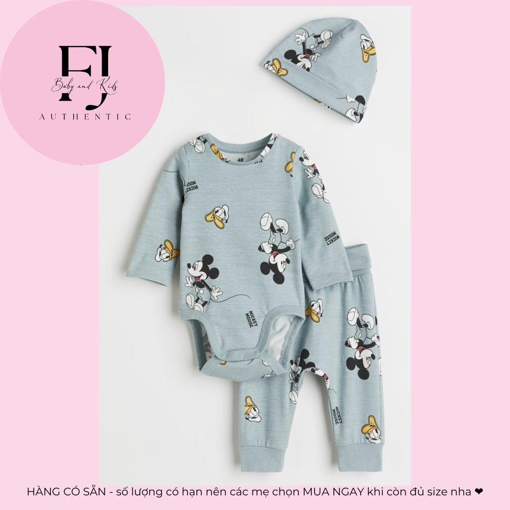 Bộ quần áo trẻ em chính hãng HM, bộ bé trai bộ quần áo body mickey xanh kèm mũ, hàng hiệu cho bé