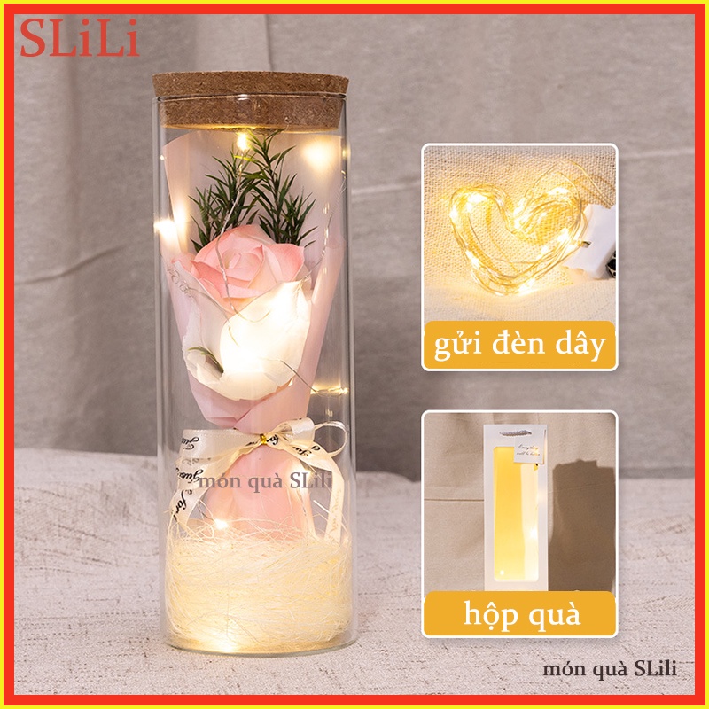 Chai chúc bó hoa hoa xà bông có đèn, hoa hướng dương, hoa hồng, hoa cẩm chướng gửi sinh nhật bạn gái ngày lễ tình nhân