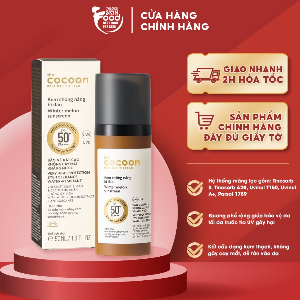 Kem Chống Nắng Bí Đao Quang Phổ Rộng Dành Cho Da Dầu, Nhạy Cảm The Cocoon Winter Melon Sunscreen 50ml