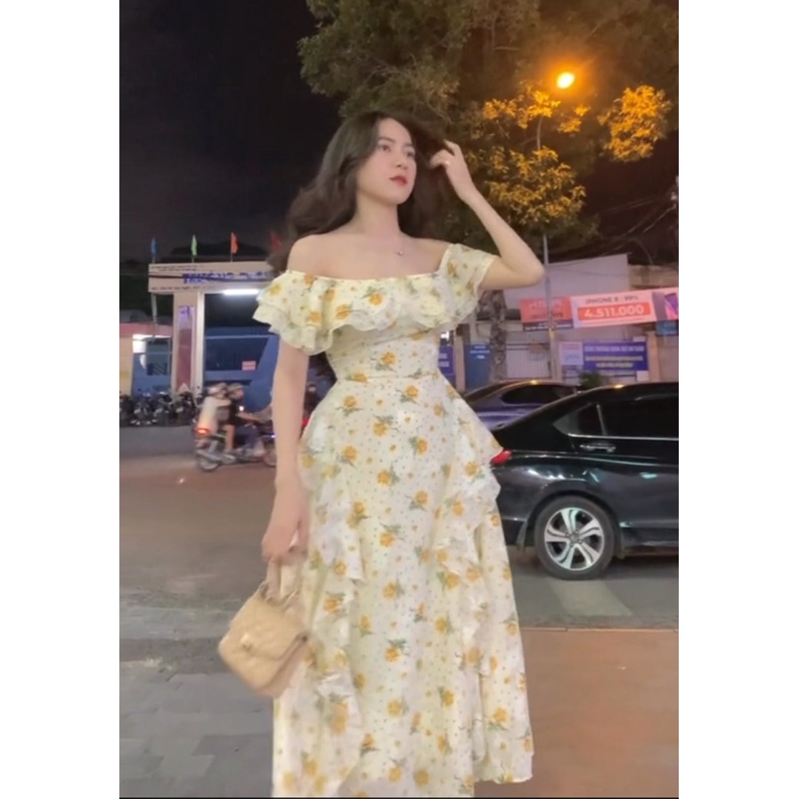 Đầm Váy Maxi Voan Hoa Nhí Trễ Vai Hàng Thiết Kế, Đầm Váy Quảng Châu Maxi Phối Bèo Tầng ,Mã Số A219