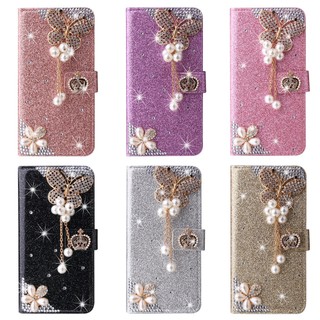 Vỏ Mới Cho iPhone 16e 11 15 16 Pro Max XS Max Kim Cương Bướm Lật Da PU Ví Điện Thoại Bao Da