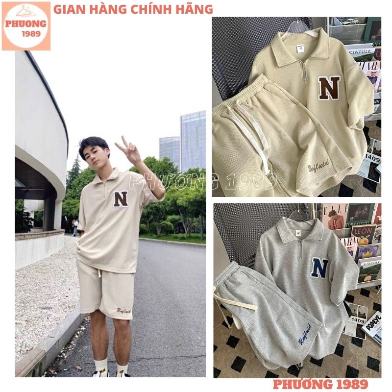 Bộ thể thao tổ ong chữ N kiểu dáng basic Hàn Quốc, Set 2 món áo polo tay lỡ form rộng quần unisex 2 màu be xám - 1989