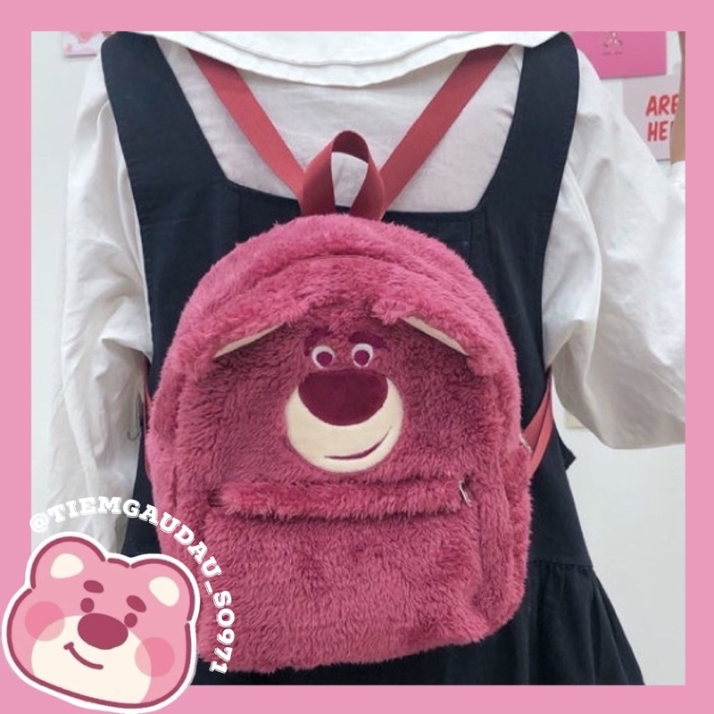 (Sẵn HCM - Hỏa Tốc) Balo Đeo Hình Gấu Dâu Lotso Chất Lông Nhung Cực Mịn Cho Học Sinh / Cho Bé