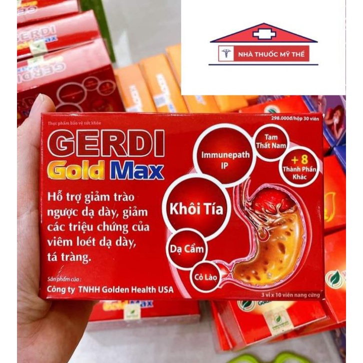 Gerdi gold max (hộp 3 vỉ×10 viên), hỗ trợ làm giảm triệu chứng trào ngược dạ dày thực quản, viêm loé