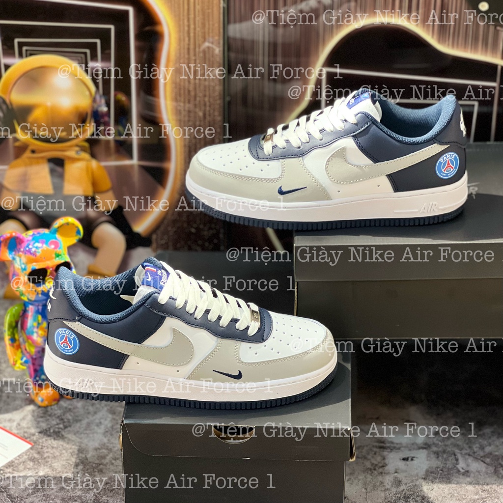 Giày Thể Thao Air Force 1 Low Paris Saint White Grey Navy For Custom Giày Af1 Xám Gót Xanh Than