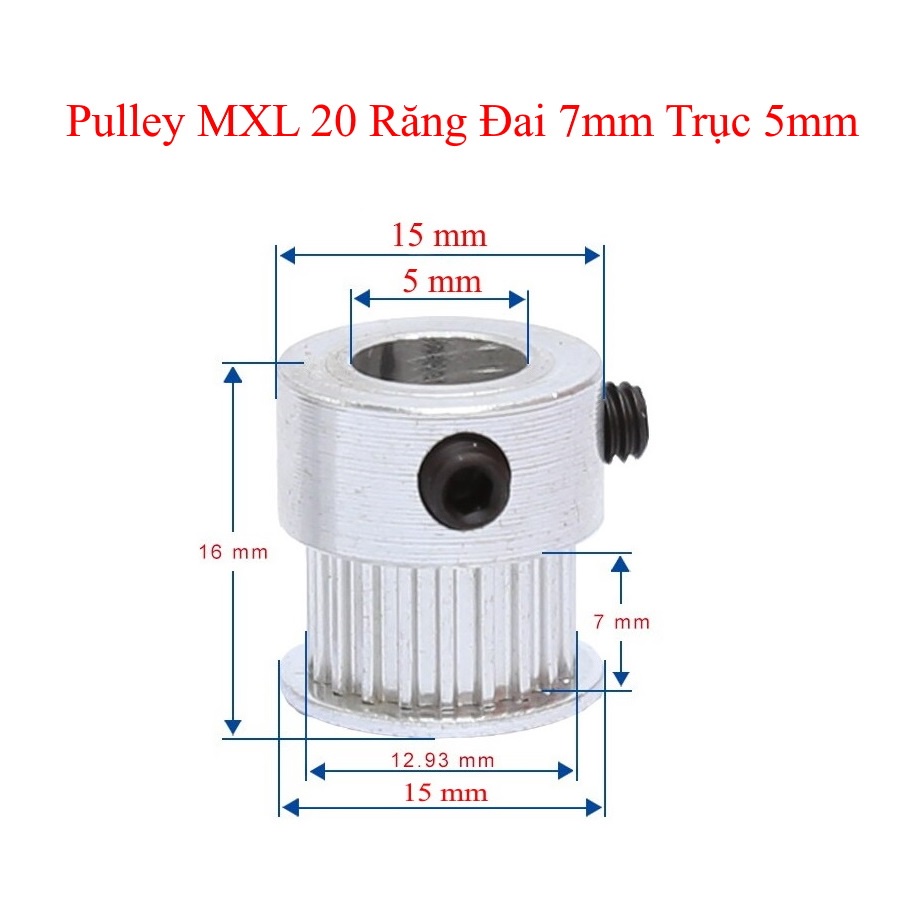 PULLEY BÁNH RĂNG NHÔM MXL20 20 RĂNG BẢN RỘNG ĐAI 7MM TRỤC 5MM