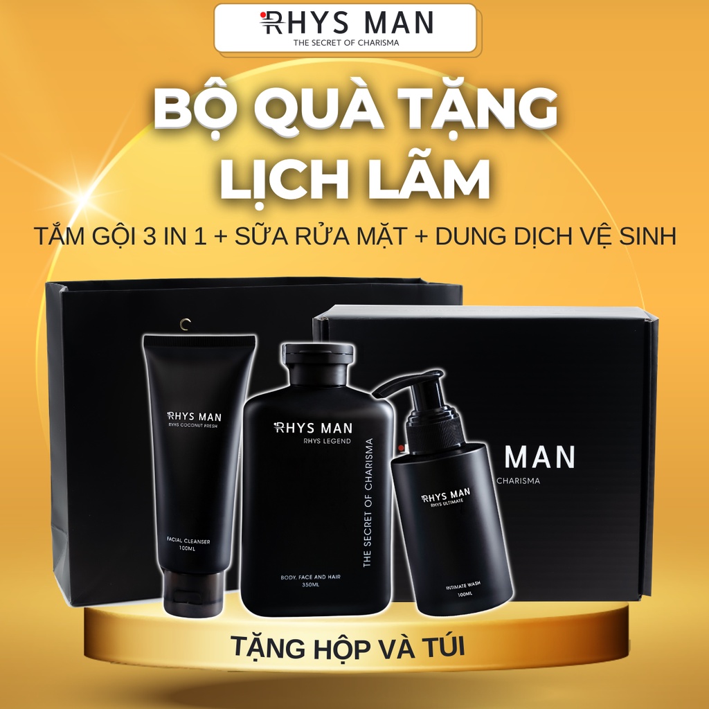 Bộ quà tặng Lịch Lãm - SỮA TẮM GỘI nam 3in1 350ml & SỮA RỬA MẶT hương dừa 100ml & DUNG DỊCH VỆ SINH nam 100ml RHYS MAN
