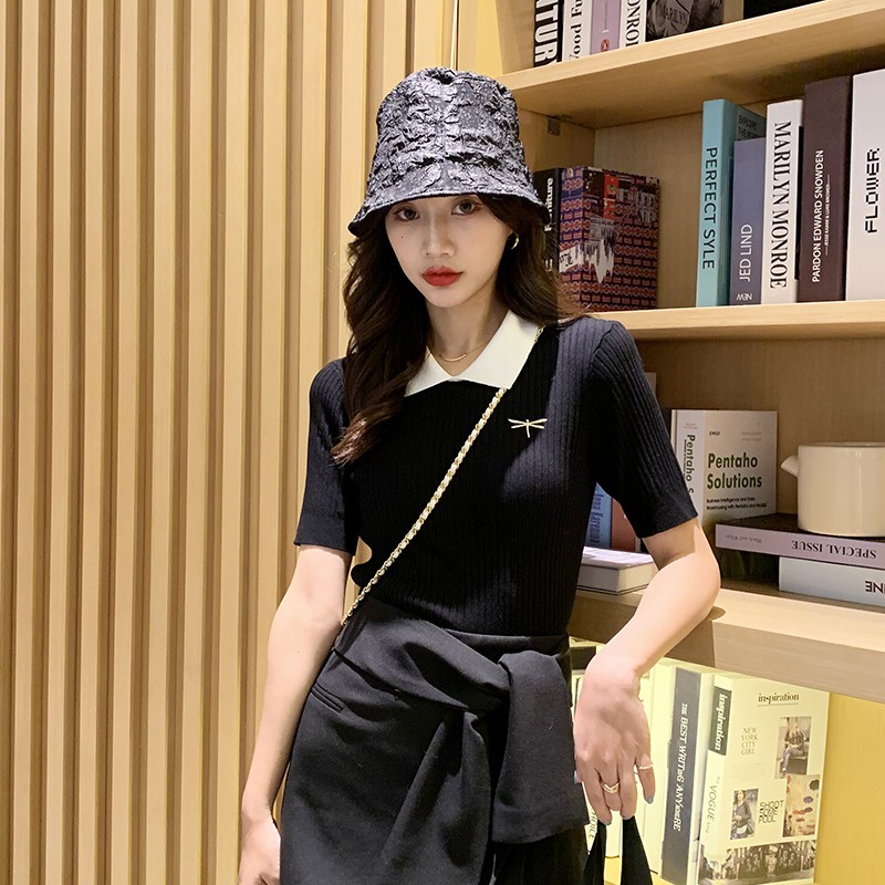 Minimalist Labo Áo thun polo dệt kim tay ngắn thêu hình chuồn chuồn dễ thương thời trang