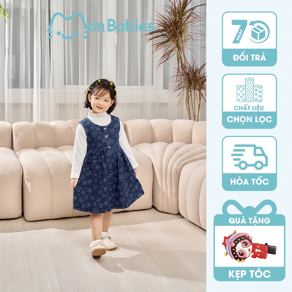 Váy bò bé gái họa tiết hoa phù hợp mặc nhà, đi học, đi chơi cho bé gái 2,3,4,5,6,7,8,9,10,11,12 tuổi MonBabies MV22706