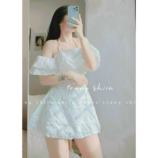 Sét Váy Nữ Thời Trang Mặc Đi Chơi Trễ Vai Cổ Cột Dây Chất Vải Gấm Cao Cấp