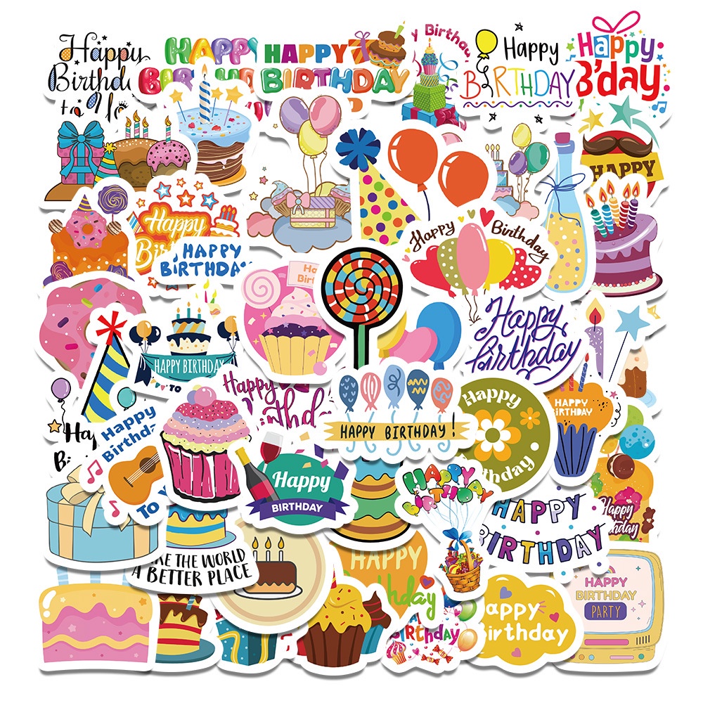 Sticker họa tiết chúc mừng sinh nhật, happy birthday, chống nước, dán trang trí laptop, mũ bảo hiểm, vali, khung ảnh