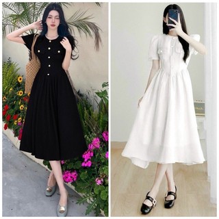 Đầm váy freesize midi đi tiệc cổ tròn nút vàng 2 màu
