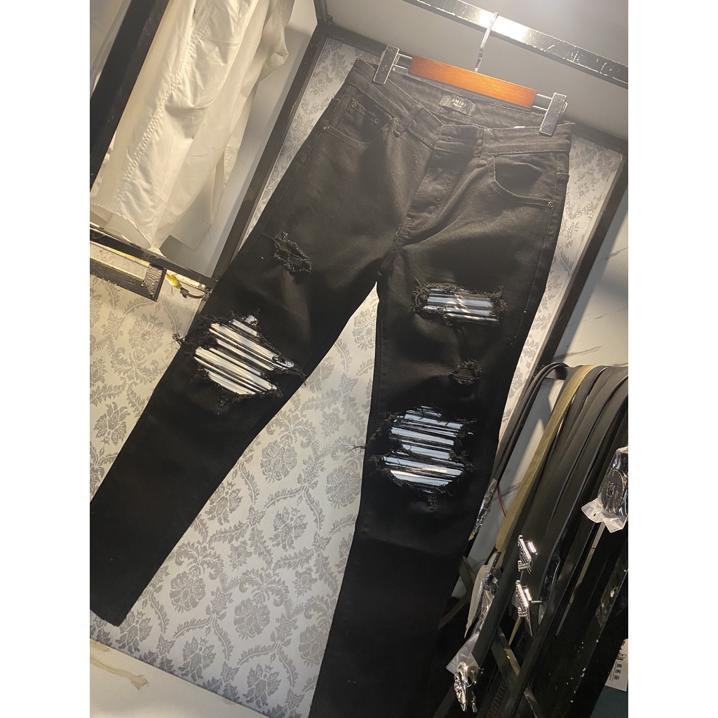 Quần jeans nam màu Đen Vá Trắng da nhăn vải co giãn không xù miếng vá da nhăn lót bò (Chayphostore)