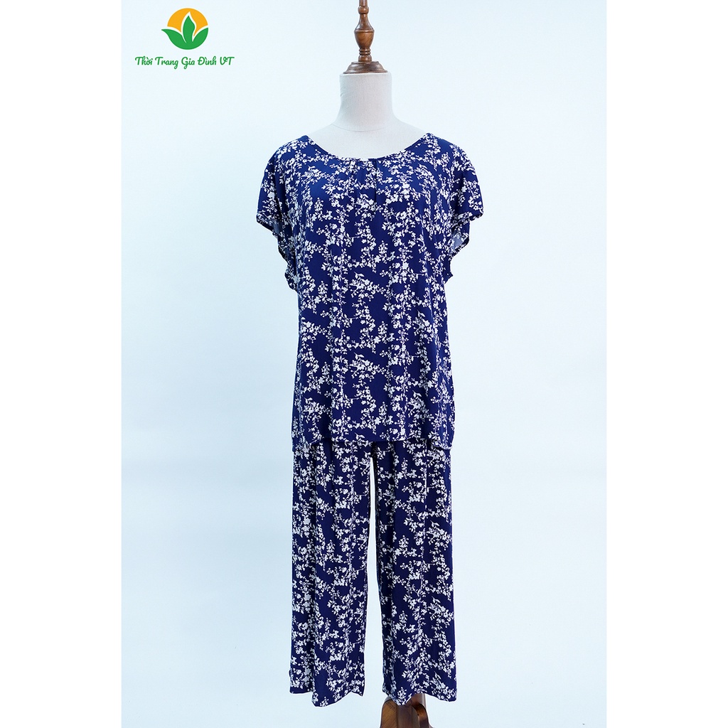 Đồ bộ mặc nhà nữ bigsize 75-80kg Việt Thắng, quần lửng, áo cộc tay hến, chất lanh (tole) - B06.2302