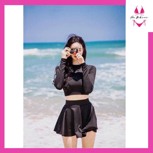 Đồ bơi bikini đi biển 2 mảnh tay dài croptop váy xòe đen HA BIKINI M40