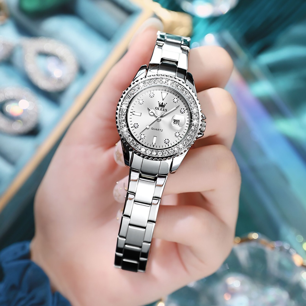 Đồng hồ đeo tay OLEVS 9945 dây đeo thép chống thấm nước đính đá nhân tạo thời trang cho nữ có hộp đựng