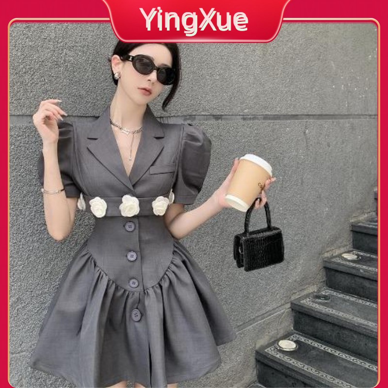 2023 Mới Ngọt Ngào Chất Lượng Cao Tay Phồng Phù Hợp Với Cổ áo Lông Tơ Đầm Hoa Treo 2 Bộ Nữ