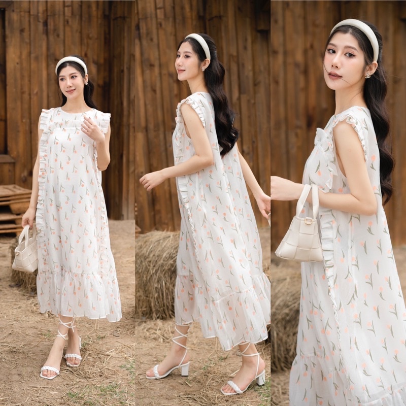 Váy hoa tuylip viền bèo dáng dài, phom suông rộng