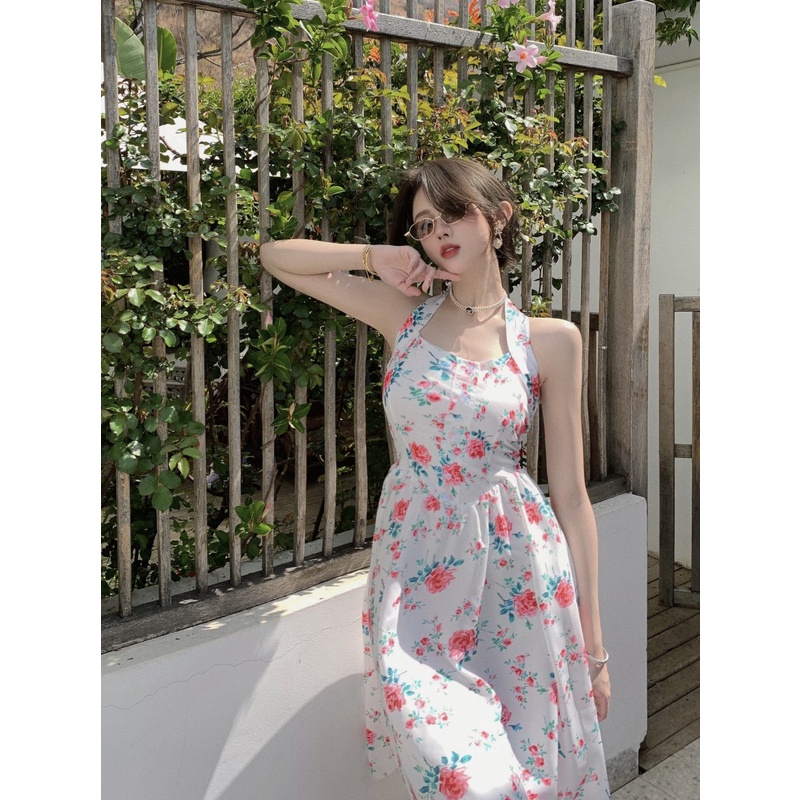 Váy đi biển cổ yếm đầm maxi dáng dài chiết eo cao tôn dáng hoa nhí vintage thời trang đi biển đi chơi 1050 D4T4